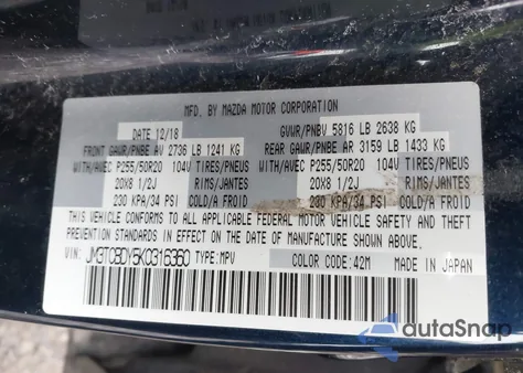 2019 Mazda Cx-9 Grand Touring z USA, uszkodzony, nr VIN JM3TCBDY5K0316360